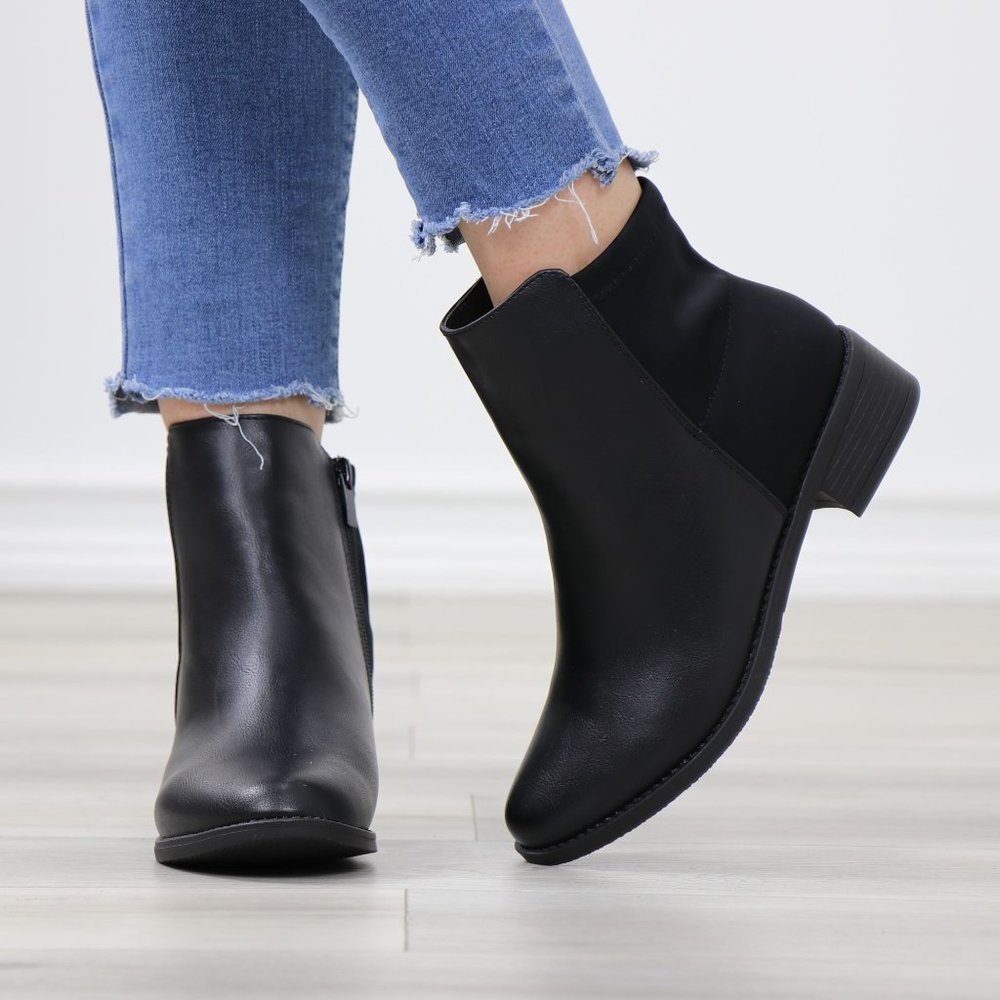 Black Dual Material Round Toe Low Heel Ankle Boots - Picture 10 of 12